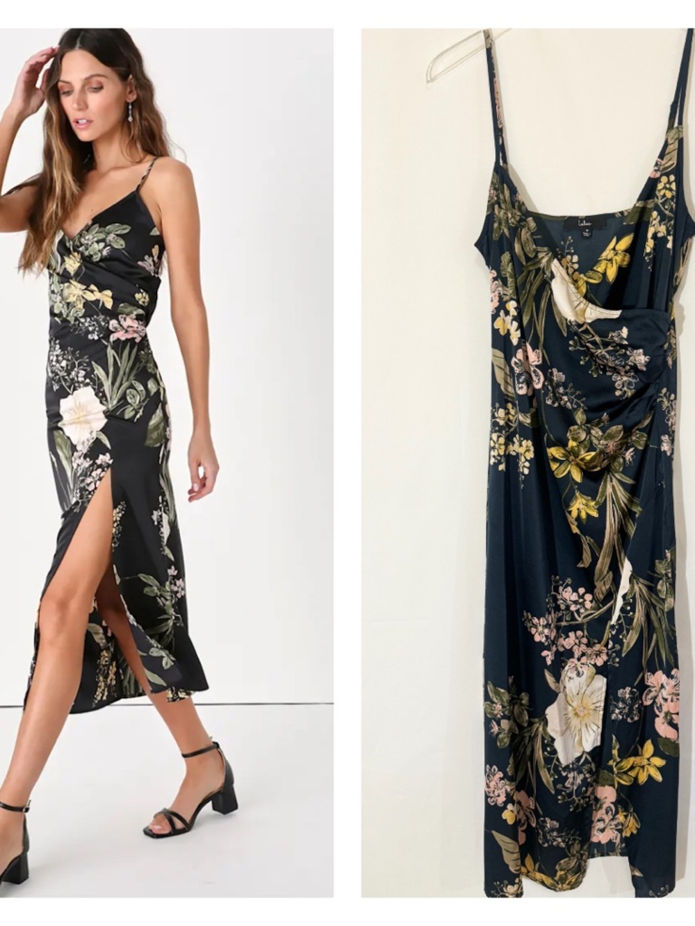 Lulus Dress Remarkable Entrance Floral Satin Slip Dress - Navy Floral Print